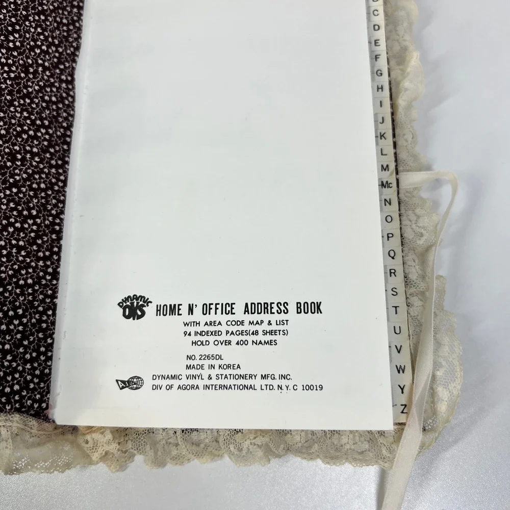 Vintage Dynamic Address Book Brown Calico‎ Floral Lace Cottagecore Ribbon Tie